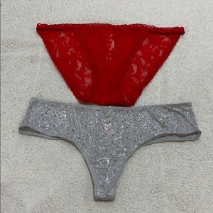 VS Silver Rhinestone Thong/Red Lace Bikini Bundle